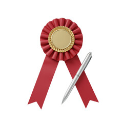 Gleaming gold rosette award, intricate details, deep red satin ribbons, & sleek silver ballpoint pen, isolated on transparent, high-key, concept of achievement and luxury