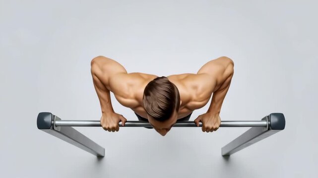 Muscular Caucasian man doing push-ups on horizontal bar from a top-down view. Athletic bodybuilder performing a strength training workout. Fitness and calisthenics exercise