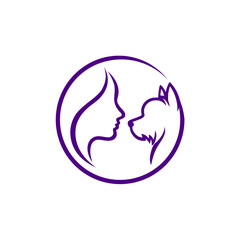 Stylized Woman and Dog Silhouette in Purple Circle, Facing Each Other