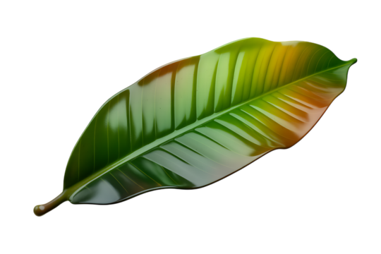 Detailed illustration of a single green and yellow leaf with brown edges isolated on transparent background