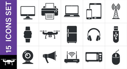 Electronic devices and home appliances icons isolated on white background. Collection of modern 
electronic devices and gadgets icons. including a computer monitor, printer, laptop, smartphone, tablet