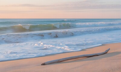 Waves Crashing on Beach with Driftwood at Sunrise