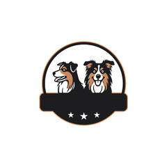 Two stylized dogs in a circular emblem with stars, black, brown and white.