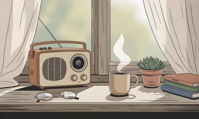 Window Sill Scene with Radio, Coffee and Books