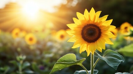 Obraz premium A close-up of a bright yellow sunflower in a field, with a soft, blurred background.