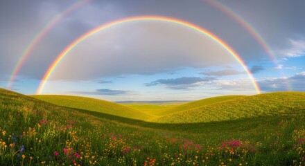 Naklejka premium Vibrant double rainbow arches over rolling green hills dotted with wildflowers under a dramatic sky