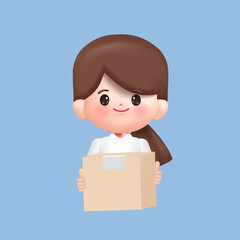 Cute 3D woman holding a parcel or package box. 3d vector people character. Cartoon minimal style.