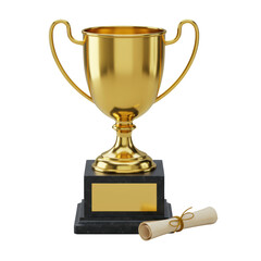 Golden trophy cup on dark pedestal with blank plaque and miniature scroll, isolated on transparent, studio lit, no shadows, concept of achievement