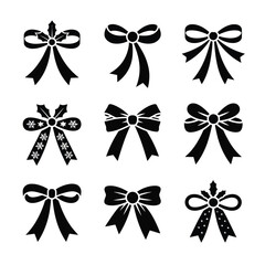 Collection of nine decorative black bows and ribbons on a white background
