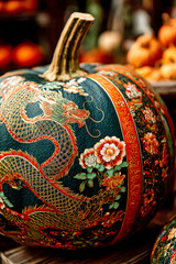 Decorative pumpkin painted with Asian dragon and floral motifs at autumn harvest festival