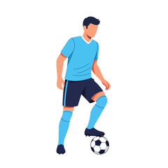 Obraz premium Illustration of a soccer player skillfully dribbling a ball in a blue uniform against a clean white background.