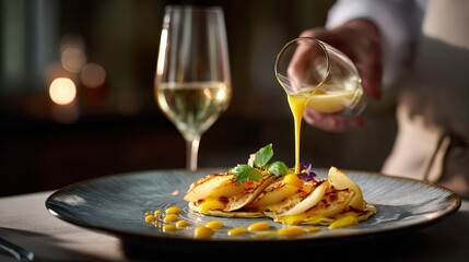 Gourmet dessert preparation  chef pouring sauce onto pancakes with fruit and edible flowers alongside  glass of white wine