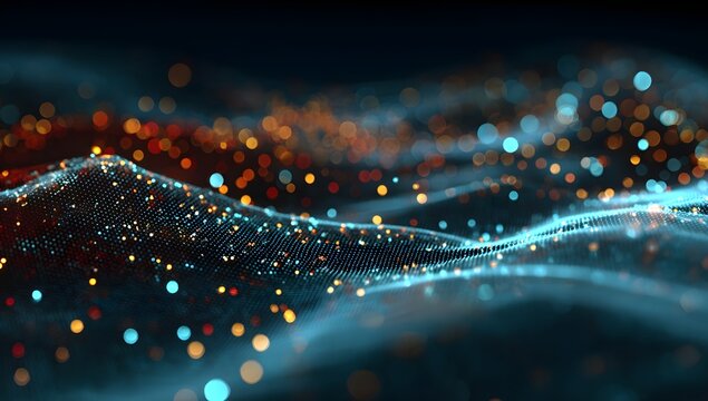 Abstract digital visualization of flowing luminous particles and glowing waves creating an ethereal and futuristic technological data stream