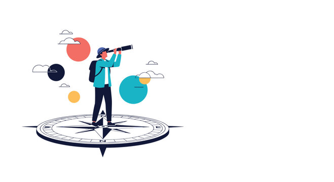 A person standing on a compass looking through a telescope for new opportunities.