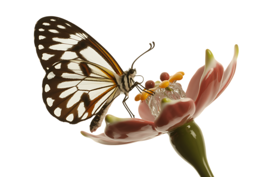 Elegant butterfly with black and white wings perched on a delicate pink flower isolated on transparent background