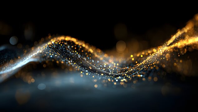 Abstract flowing wave of shimmering particles and light trails creating a dynamic and energetic visual effect against a dark background