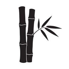 Stylized black silhouette of three bamboo stalks with a small branch of leaves, representing tranquility and oriental themes in a clean, minimalist design against a white background