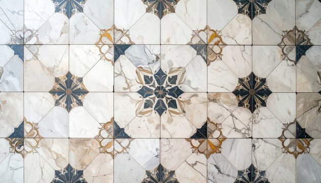 Luxurious marble tiles with intricate geometric patterns and designs.