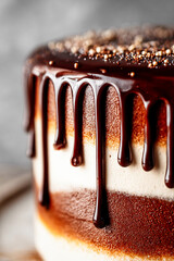 Close-up of a chocolate drip cake with layered frosting and shiny glaze, decorated for autumn or Halloween celebration