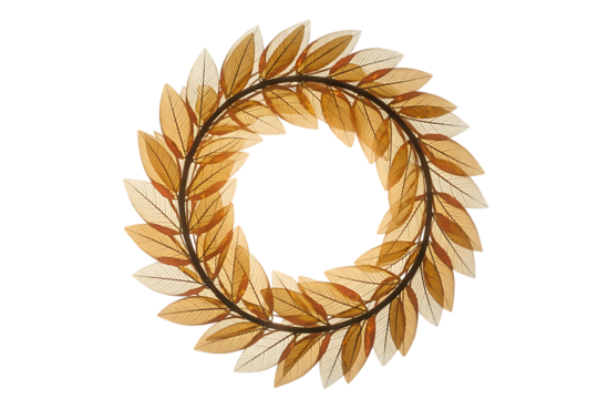 Elegant oval laurel wreath decoration with golden autumn leaves isolated on transparent background