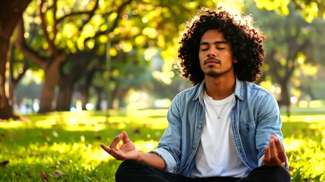 Man meditates peacefully in a sunlit park, finding inner calm outdoors.
