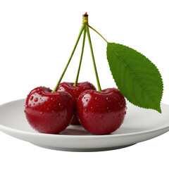 Three pristine ripe red cherries, green stems, single leaf, water droplets, on white plate, transparent background, bright studio light, 45-degree, concept of fresh product purity