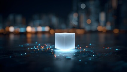 A solitary luminous cylinder glows with ethereal light on a dark reflective surface amidst scattered sparkling particles with a blurred cityscape in the background at night