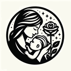 Mother holding her baby with a rose flower symbol of love and care.