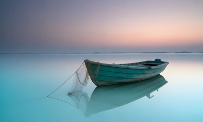 Wooden Boat on Still Water Reflecting Sky Colors at Dusk