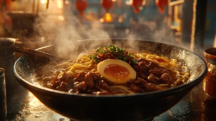 A close-up shot of a plate of ramen on a wooden table in a restaurant, highlighting the texture and colors of the dish.