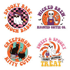 Retro halloween themed circular designs featuring ghosts skulls and cats with spooky phrases