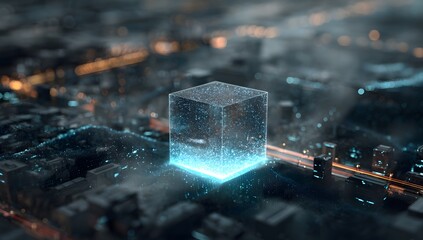 Abstract glowing crystal monolith emitting bright blue light in a futuristic cityscape with blurred lights and atmospheric haze creating a sense of mystery and wonder