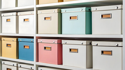 Organizing colorful storage boxes on wooden shelves in a bright room for efficient space use