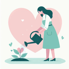 Woman watering a small plant with a heart in the background.