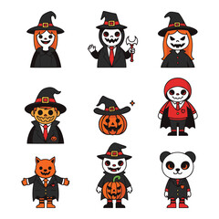 Collection of cute halloween characters in costumes and witch hats for spooky celebrations