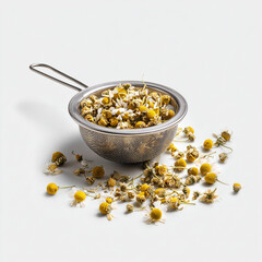 Dried chamomile flowers in metal strainer
