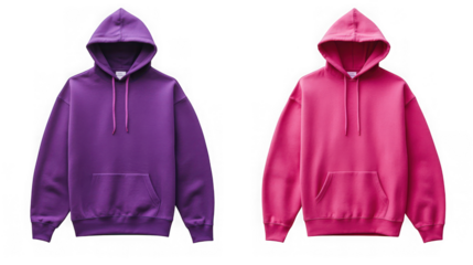 Purple and pink hooded sweatshirts side by side, isolated on transparent background