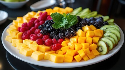 A close-up shot of a fruit platter, showcasing the bright colors and textures of the fruits.