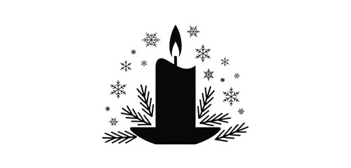 Obraz premium Black silhouette of a candle with snowflakes and pine branches