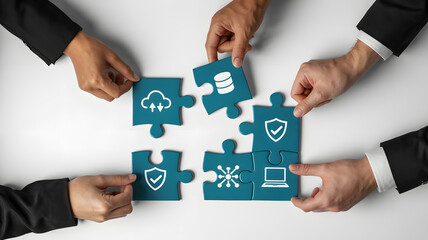 Teamwork assembling IT security solution puzzle with cloud, database, computer network and device icons for strong digital protection, modern concept