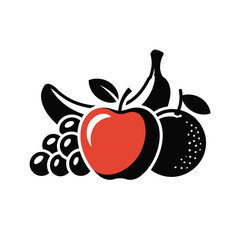 Stylized silhouette of fresh fruits including apple grapes bananas and orange