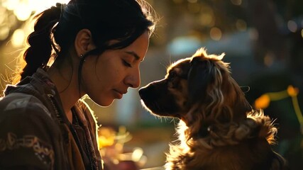 Woman and dog share a tender moment in warm golden hour light.