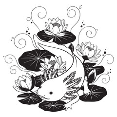 Ornamental Axolotl with Water Lilies - Detailed Line Art Illustration