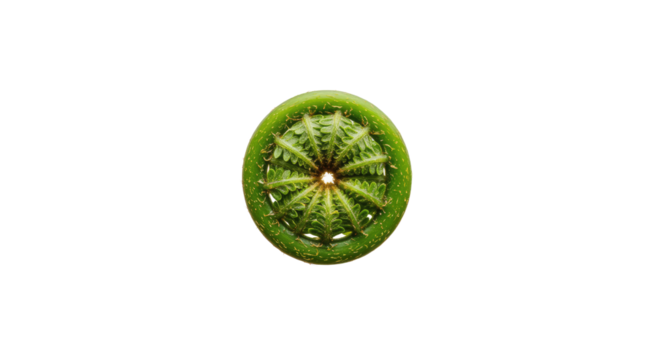 Top view of a vibrant green kiwi fruit slice showing its unique star pattern.