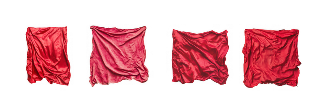 Four draped pieces of crumpled red fabric with torn edges, arranged in a row, isolated on transparent background - Powered by Adobe
