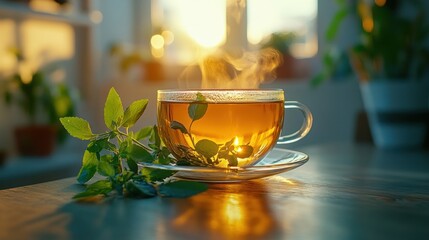 A close-up shot of a cup of hot herbal tea, with fresh herbs, sitting on a table, with a window as a backdrop.