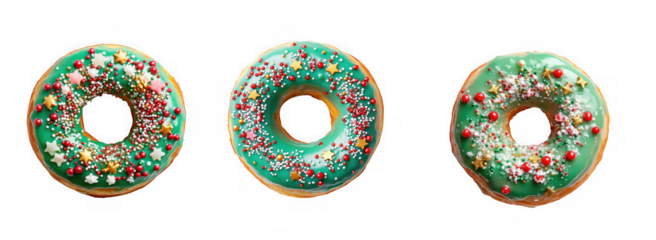 Three festive green donuts with colorful sprinkles and frosting, isolated on transparent background