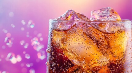 A close-up of a refreshing drink with ice cubes and lemon slices, served in a stylish glass cup.