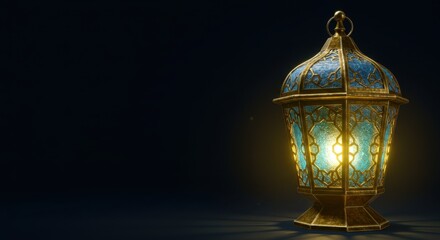 Ramadan lantern with intricate gold pattern and blue glass, glowing in the dark. Festive mood.