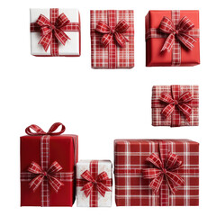 Red and white wrapped gifts with bows on black background. Festive!